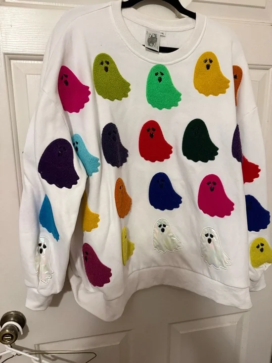 QUEEN OF SPARKLES White Crewneck Sweatshirt with Multicolor Ghost  size XL - Picture 5 of 5